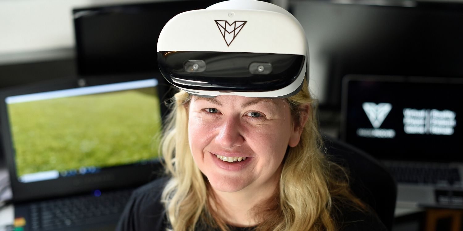 Dr Rachel Gawley wearing a virtual reality/ augmented reality headset.